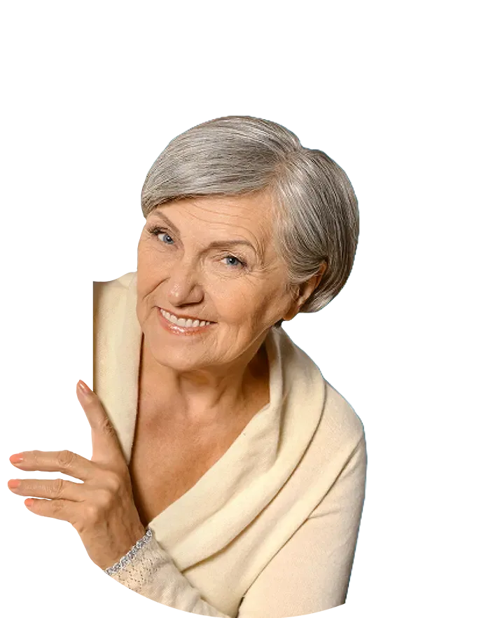 Portrait of a welcoming elderly woman set against a blue background